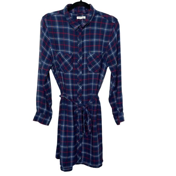 Beach Lunch Plaid Midi Dress Button Up Tie Waist Long Roll Tab Sleeve Blue M - Picture 1 of 14
